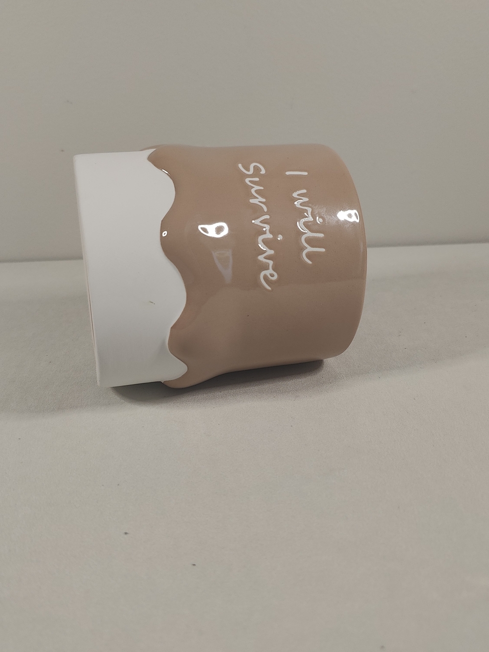 Beige and White Ceramic Accent Vase - "I Will Survive"